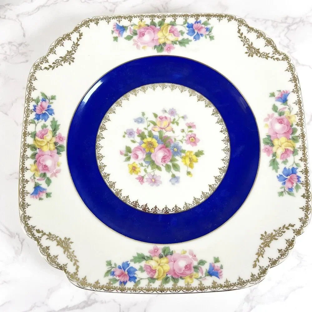 Vintage 1930s WH Czechoslovakia Cobalt Blue Square Plate Gold Gilt Floral